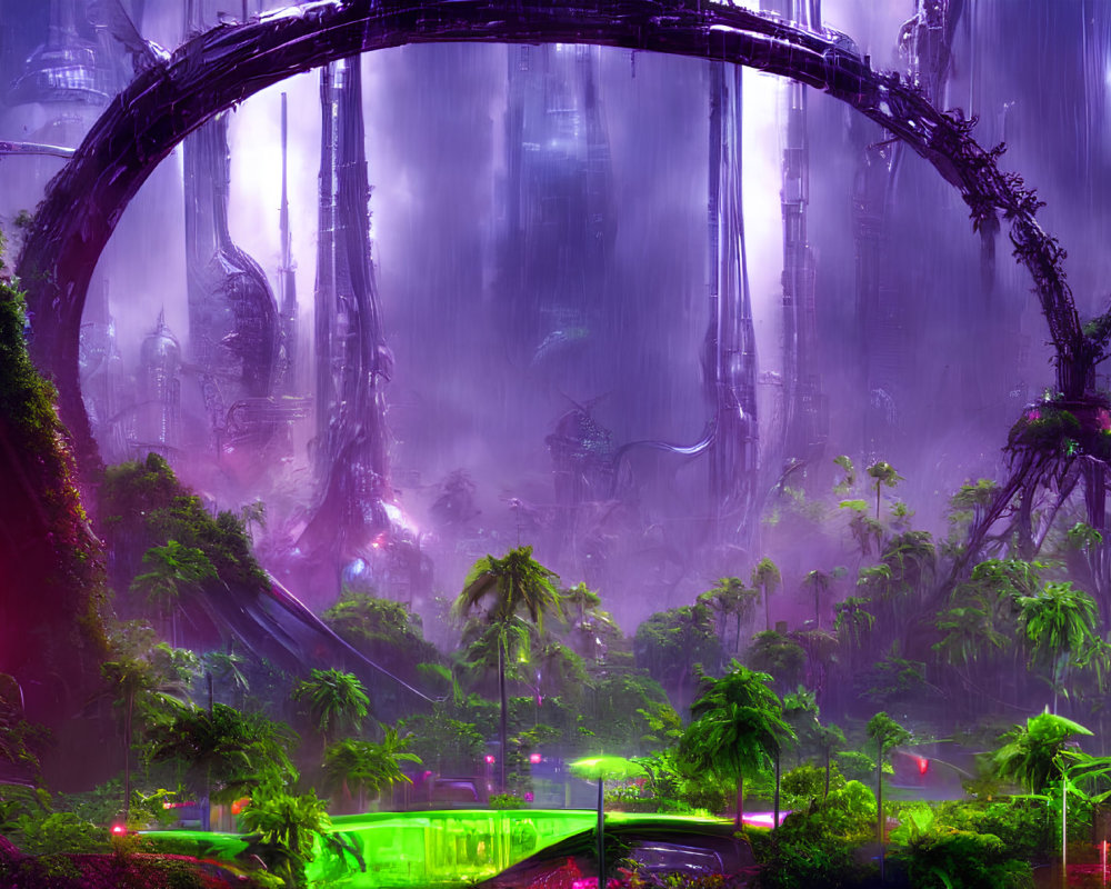 Futuristic cityscape with towering structures, neon lights, lush vegetation, and arched bridge in
