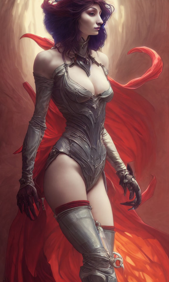 Female demonic character with red horns, corset, gloves, and boots in fiery setting