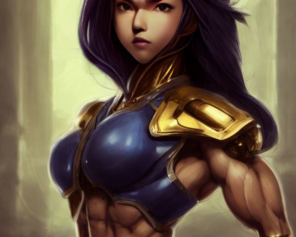 Muscular woman with purple hair in blue and gold armor against soft-glowing background