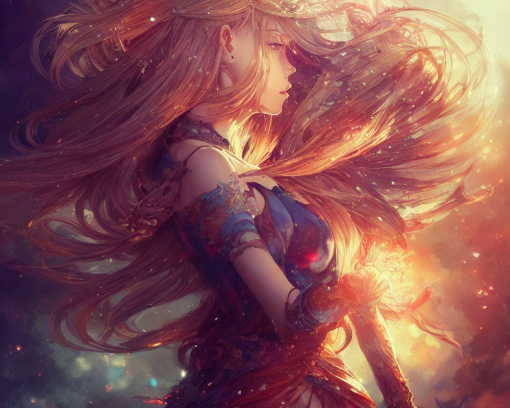 Fantasy-themed illustration of woman with flowing hair and ethereal light