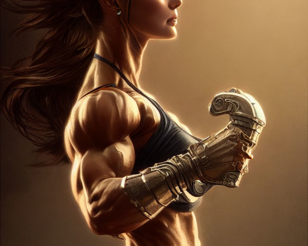 Muscular woman with cybernetic arm in red athletic wear and dramatic lighting