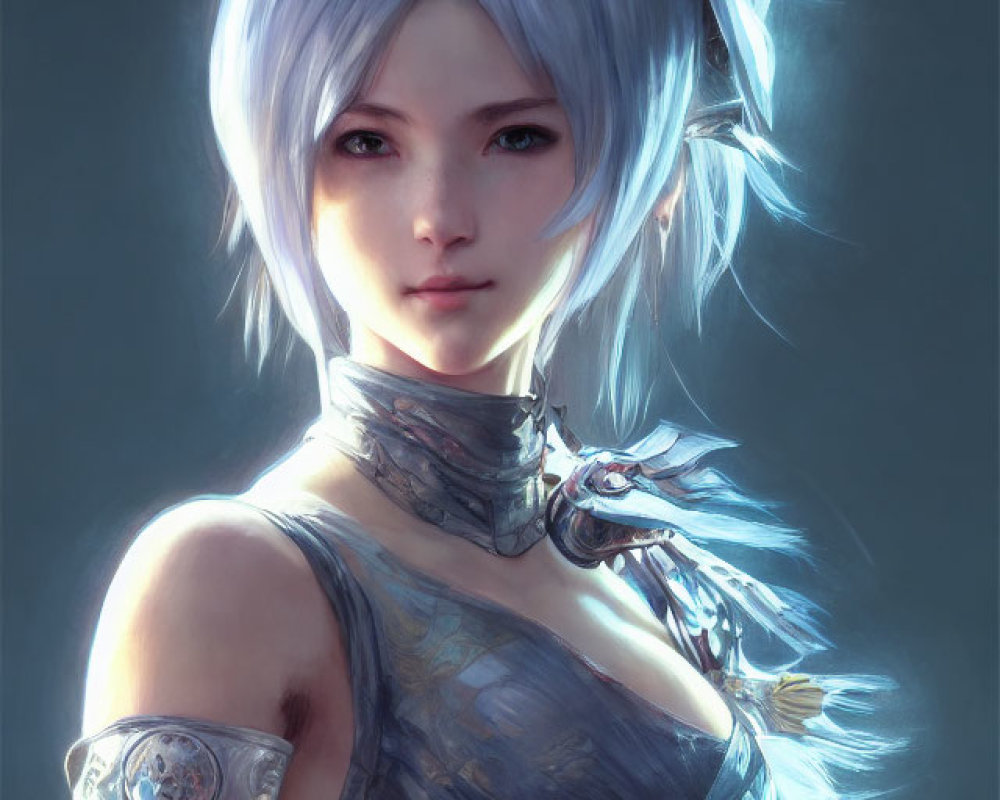 Digital artwork: Female character with pale blue hair, fair skin, striking blue eyes, in fantasy-style