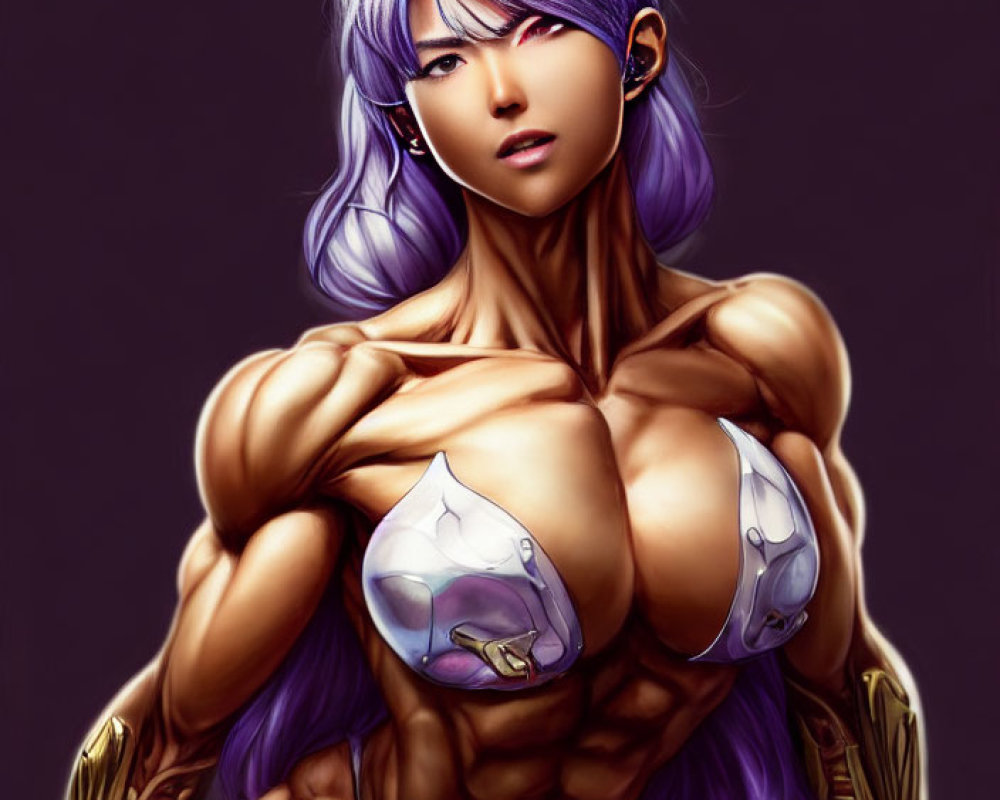 Muscular Female Character with Purple Hair and Silver Armor in Fantasy Illustration