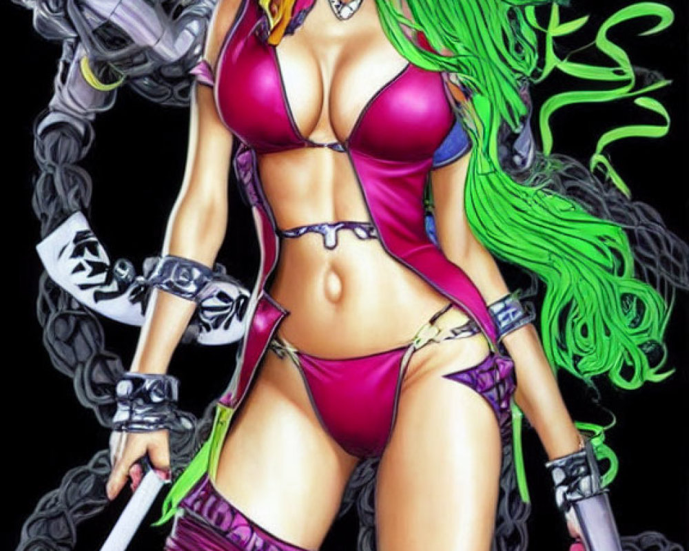 Vibrant green hair, purple attire, and fierce expression on female character