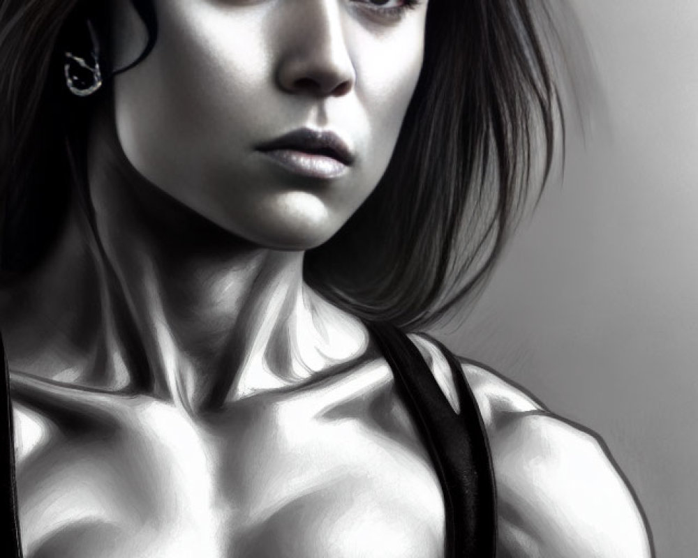 Monochrome digital portrait of muscular woman in black tank top