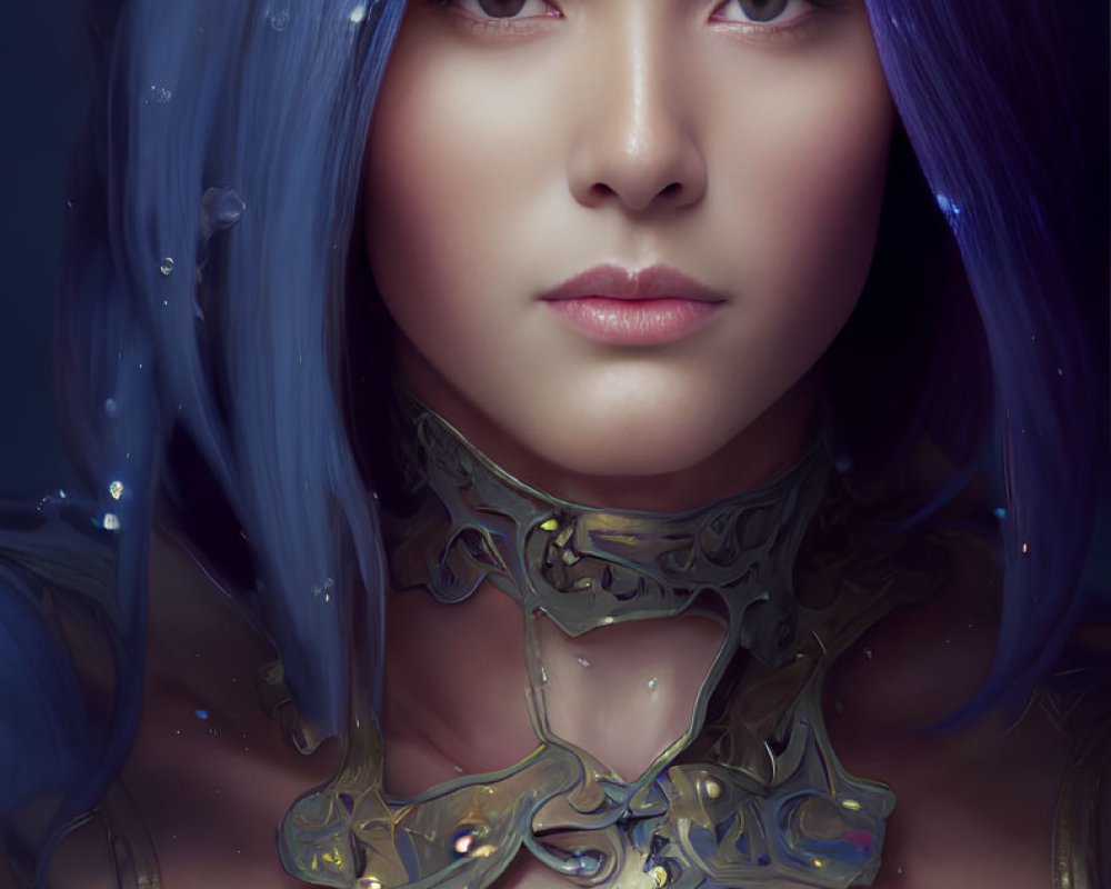 Vivid blue hair woman with golden collar on dark background