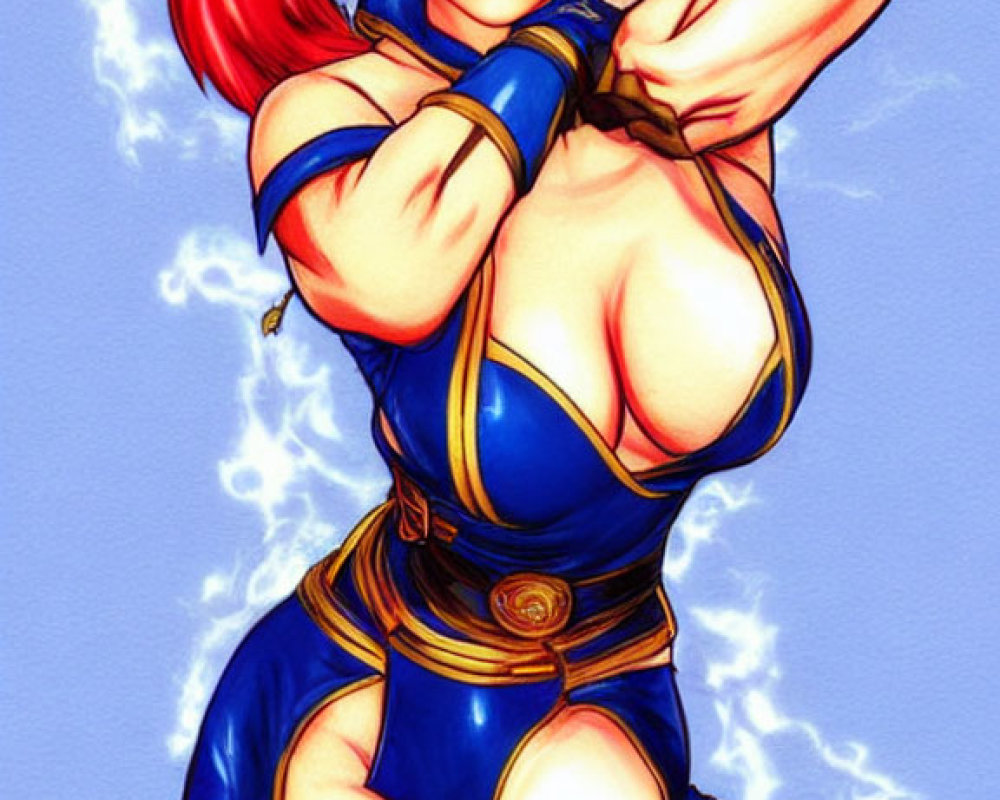 Stylized illustration of a confident woman in blue and gold outfit with lightning
