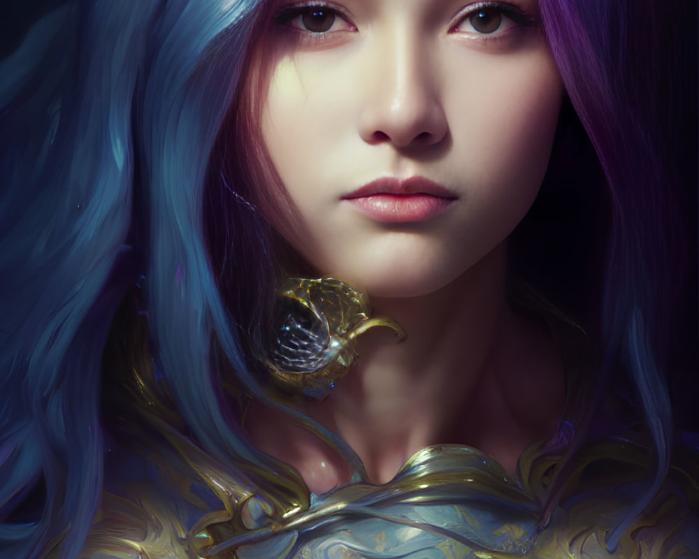 Digital Artwork: Woman with Purple Hair & Ornate Golden Armor under Starry Light