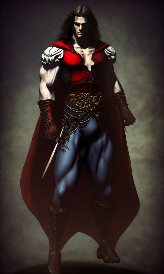 Muscular male character with dark hair in red chest piece, cape, and blue tights, holding