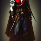 Muscular male character with dark hair in red chest piece, cape, and blue tights, holding