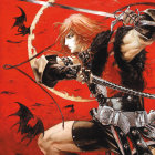 Long-haired warrior in black armor wields scythe on red background