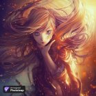Fantasy-themed illustration of woman with flowing hair and ethereal light