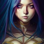 Digital Artwork: Woman with Purple Hair & Ornate Golden Armor under Starry Light