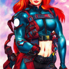 Red-Haired Woman in Futuristic Bodysuit and Armor on Colorful Background