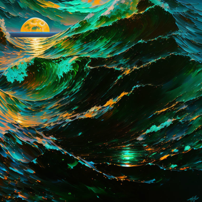 Vivid painting of turbulent sea waves under night sky with full moon