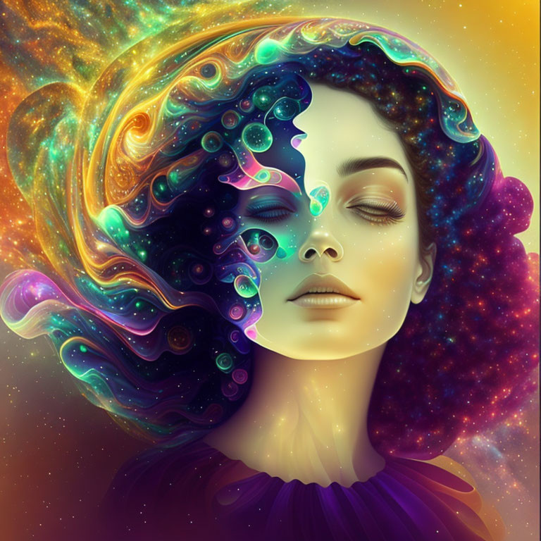 Vibrant cosmic-themed digital artwork of a woman with colorful hairdo