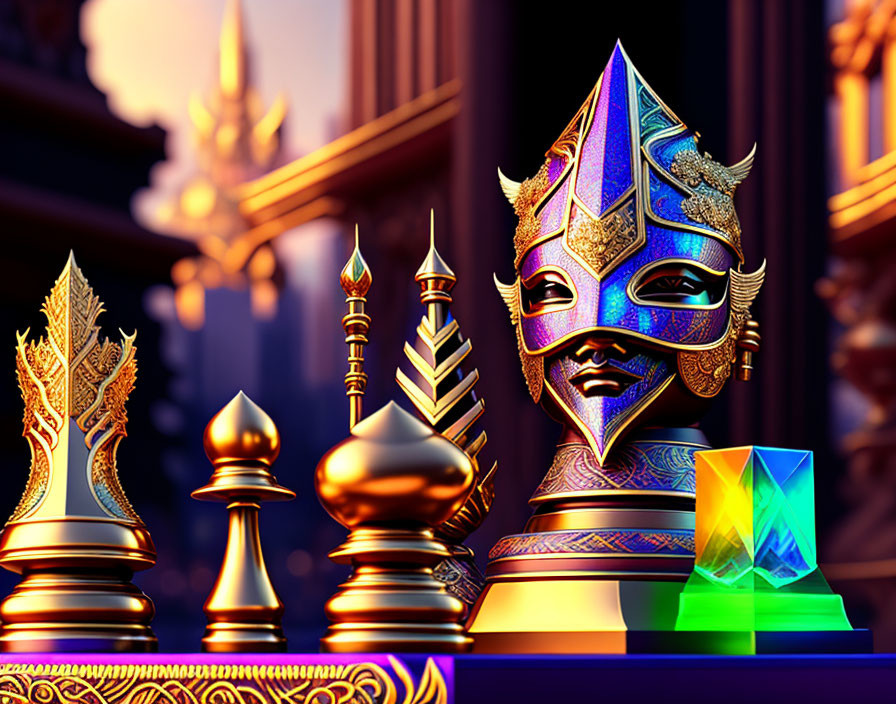 Intricate mask, chess pieces, crystal in front of golden architecture