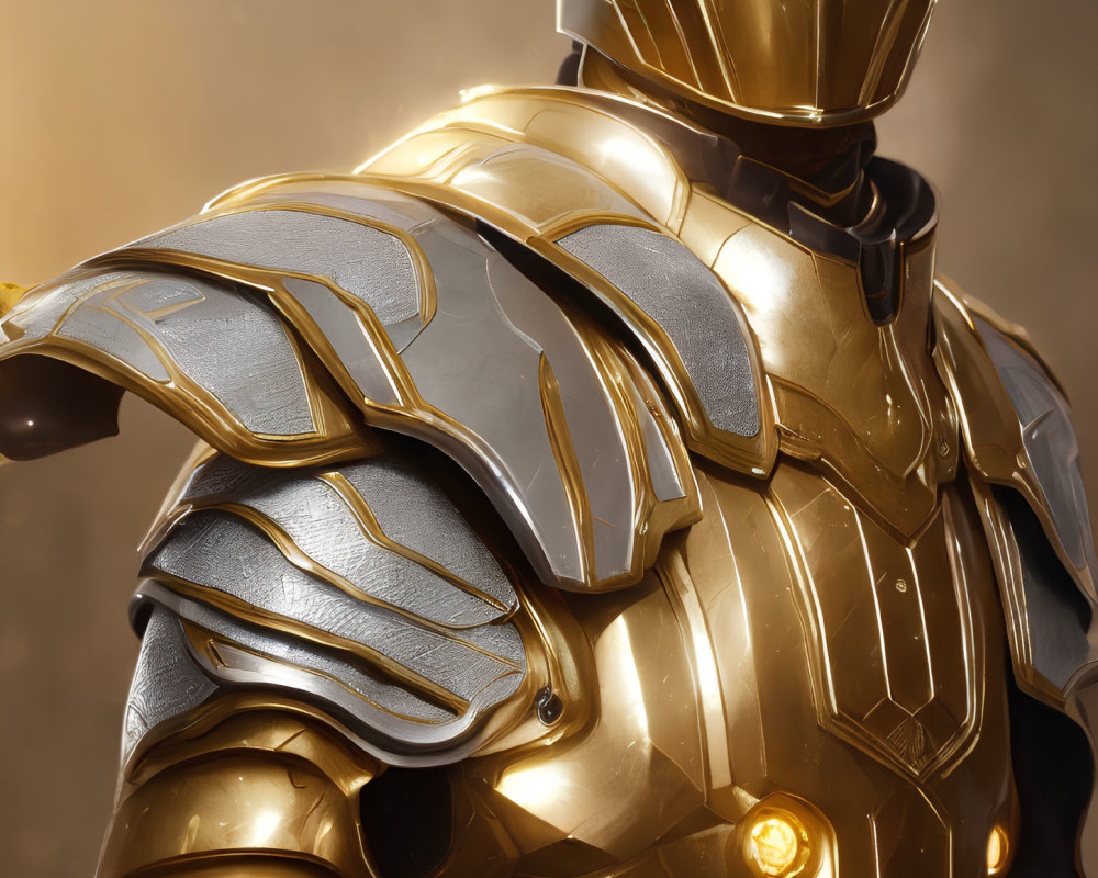 Detailed Close-Up of Person in Metallic Golden Armor with Intricate Designs and Warm Lighting