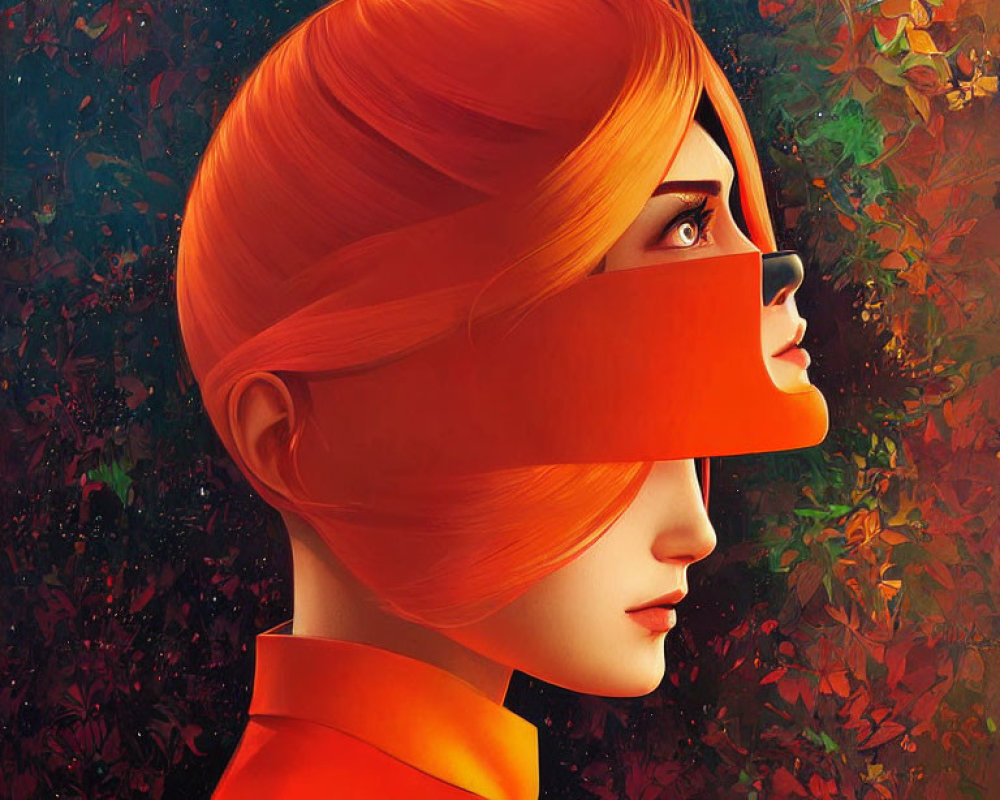 Vibrant red hair woman with blindfold in autumn leaves backdrop