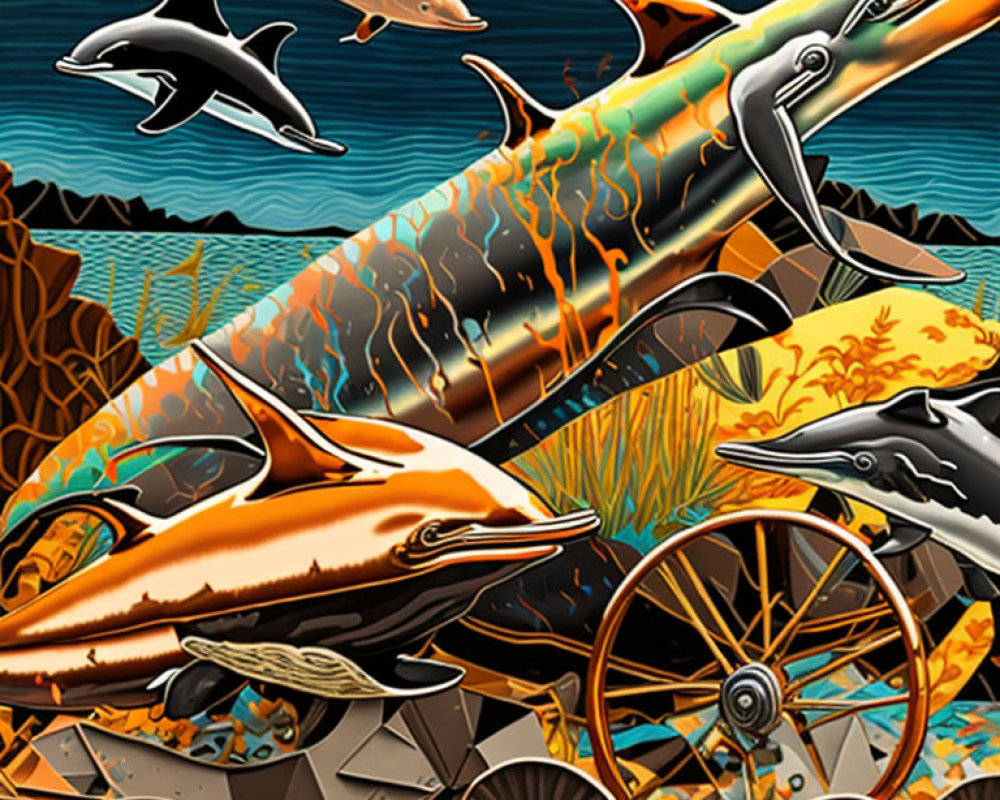 Colorful Marine Life Illustration with Dolphins, Shark, Sea Turtle, Machinery, and Coral Reef