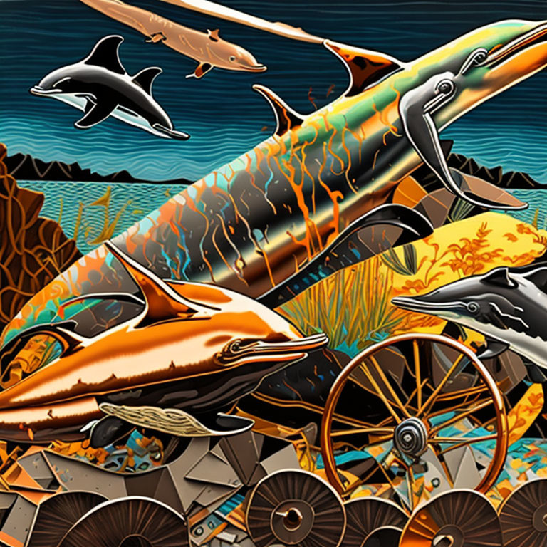 Colorful Marine Life Illustration with Dolphins, Shark, Sea Turtle, Machinery, and Coral Reef