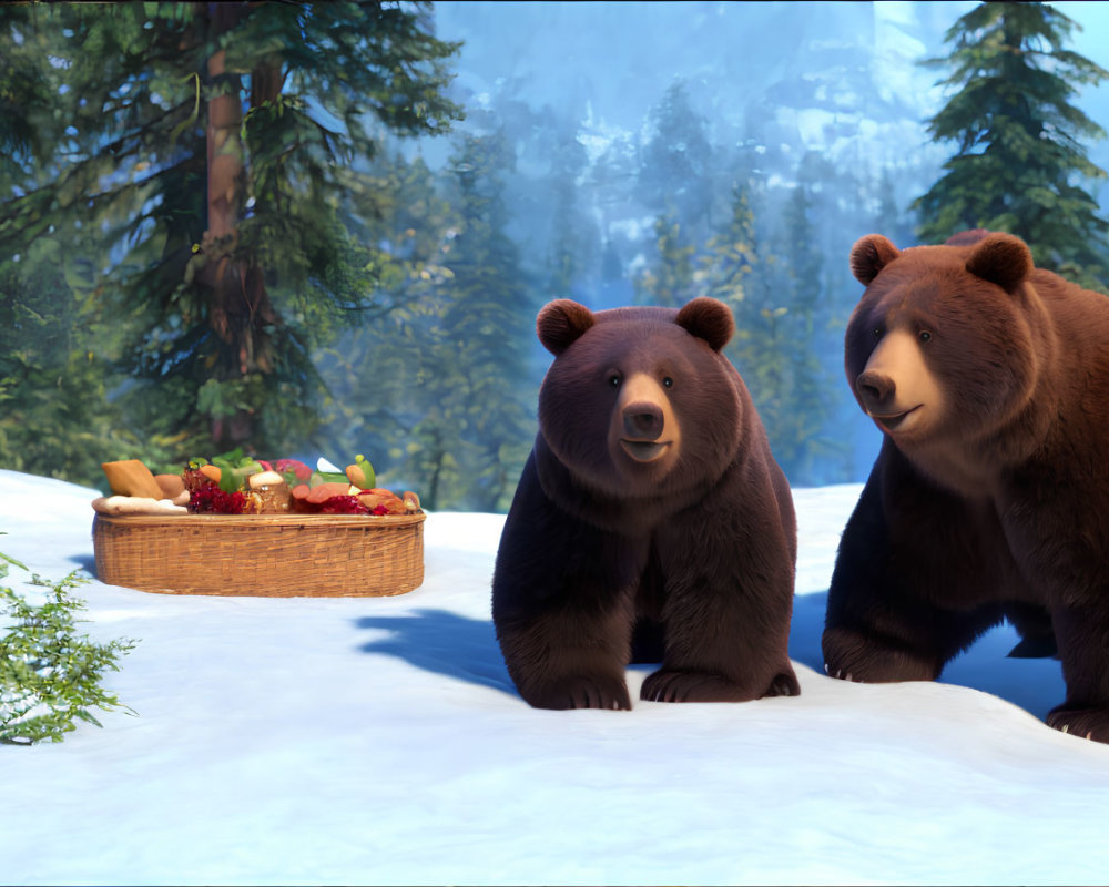 Two smiling animated bears with picnic basket in snowy forest.