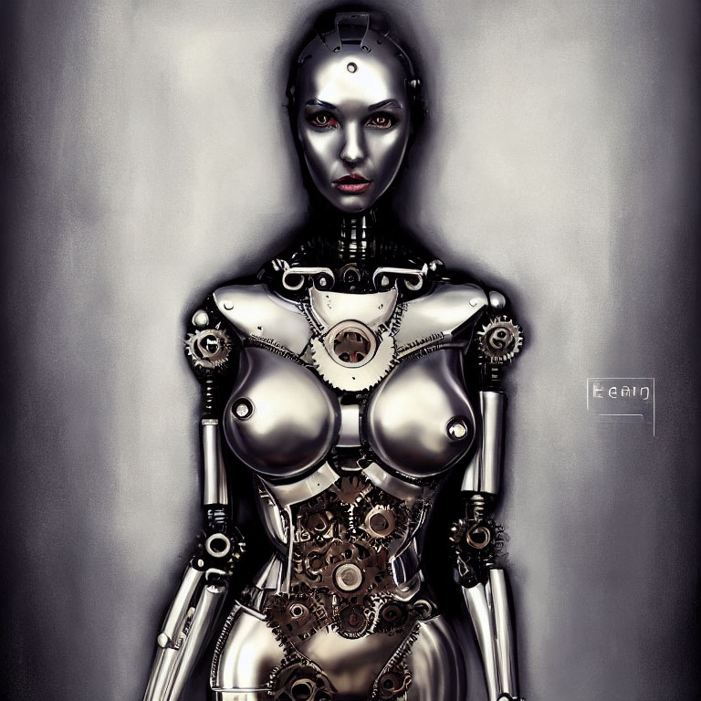 Female humanoid robot digital artwork with intricate mechanical details and steely gaze on gray background