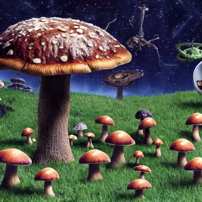 Large Reddish-Brown Mushrooms in Whimsical Starry Scene