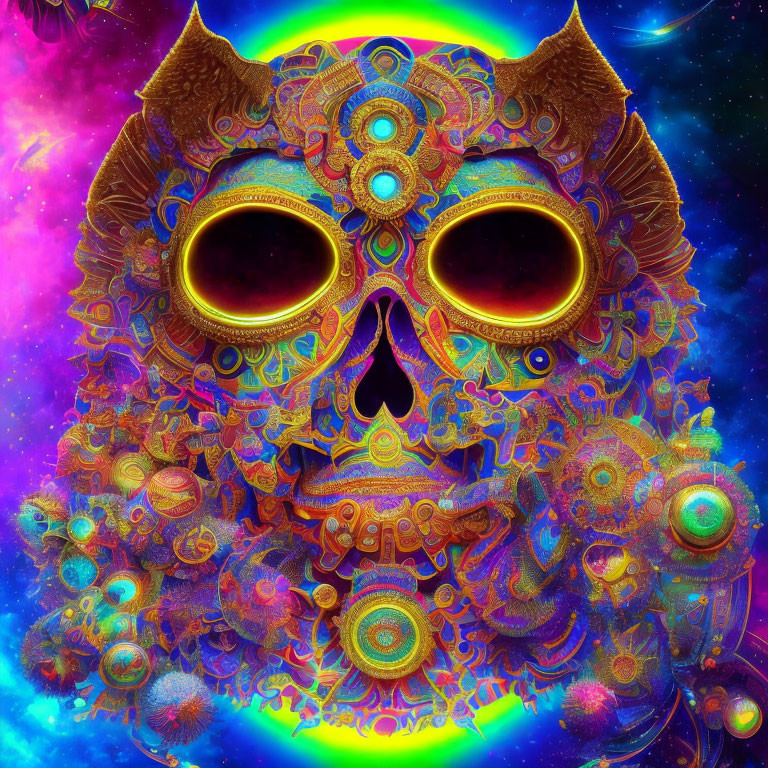 Colorful Psychedelic Cat-Like Creature in Cosmic Neon Scene
