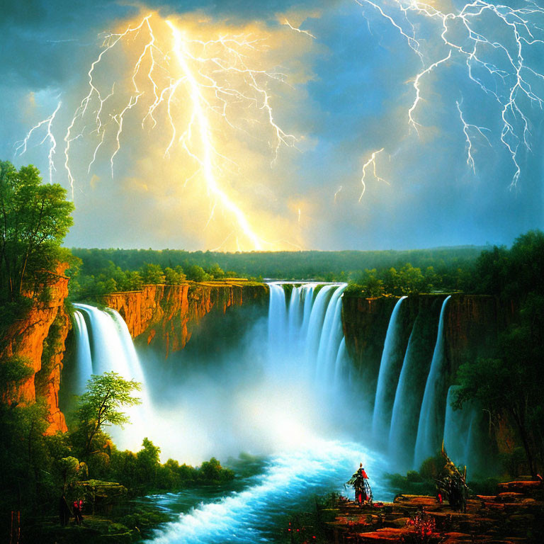 Thunderstorm over large waterfall in dramatic landscape painting