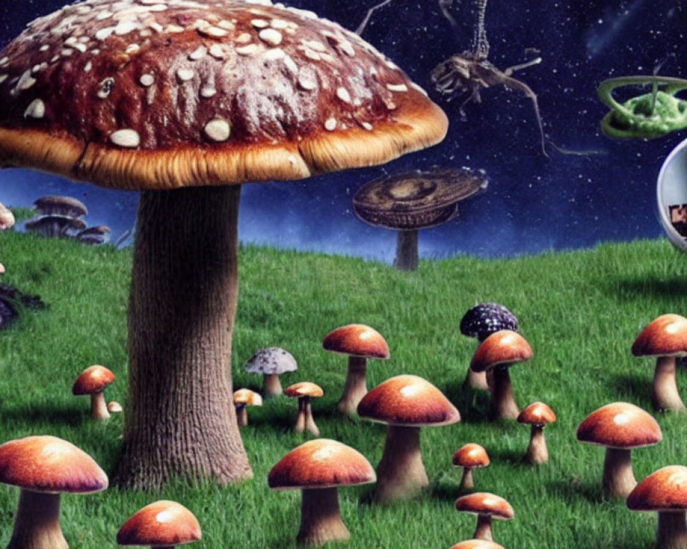 Large Reddish-Brown Mushrooms in Whimsical Starry Scene