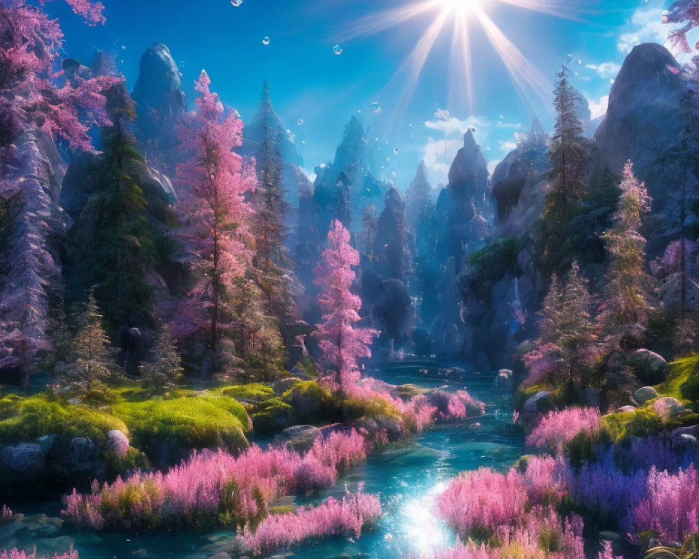 Fantastical Landscape with Pink Flora and Rocky Peaks
