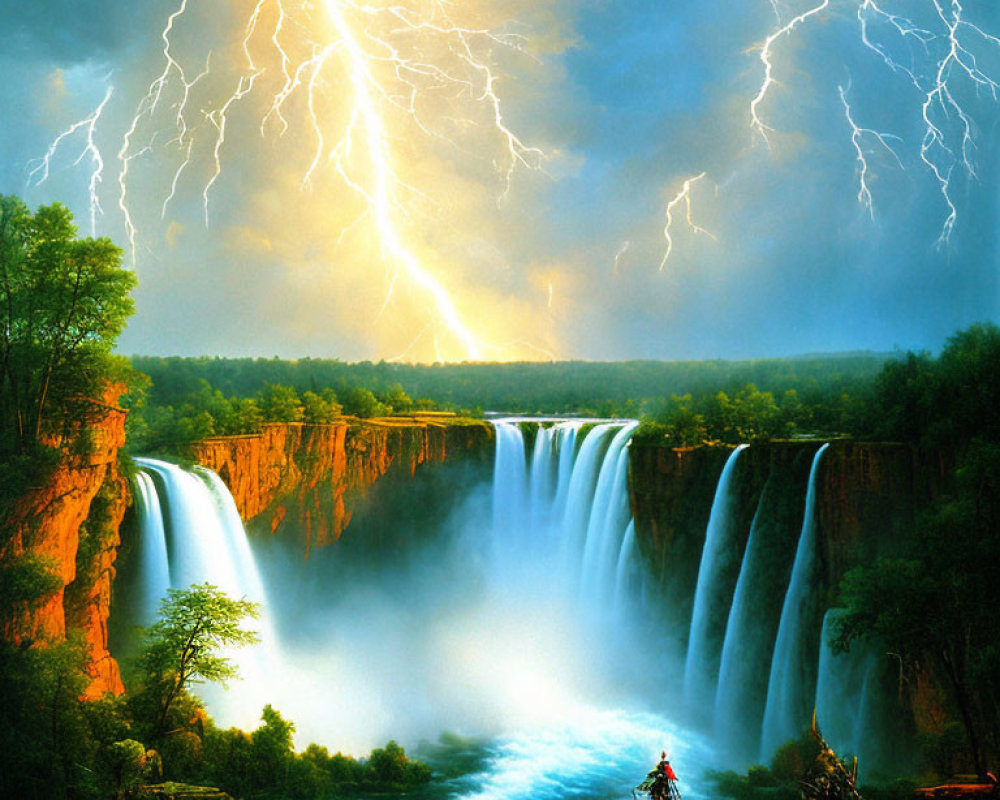 Thunderstorm over large waterfall in dramatic landscape painting