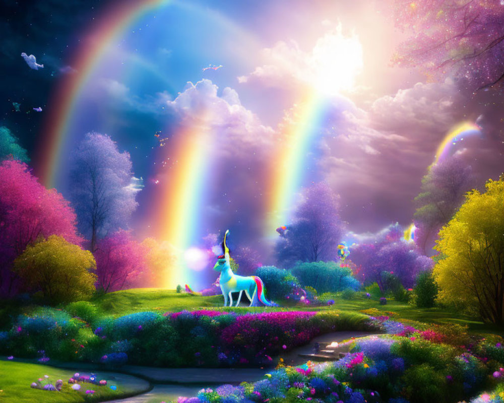 Fantasy garden with unicorn, rainbows, butterflies, and starry sky