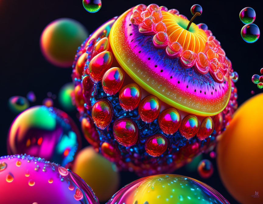 Vibrant surreal artwork of shiny spherical objects with intricate textures