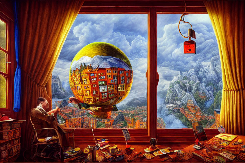 Man reading in room full of books with spherical cityscape view and floating red cube