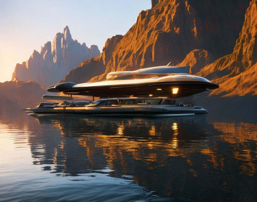 Futuristic yacht at sunrise near rocky cliffs