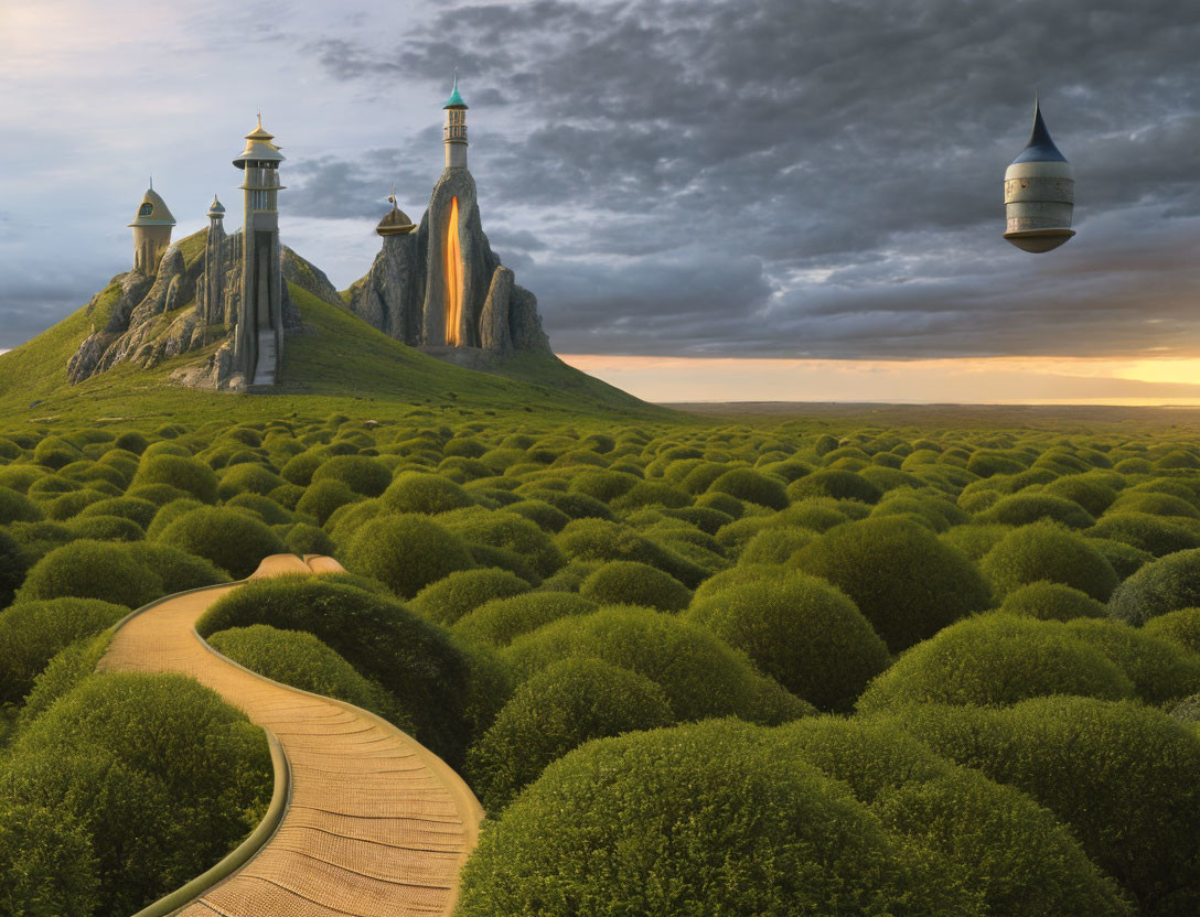 Scenic wooden pathway through lush green landscape to towering castles at dusk