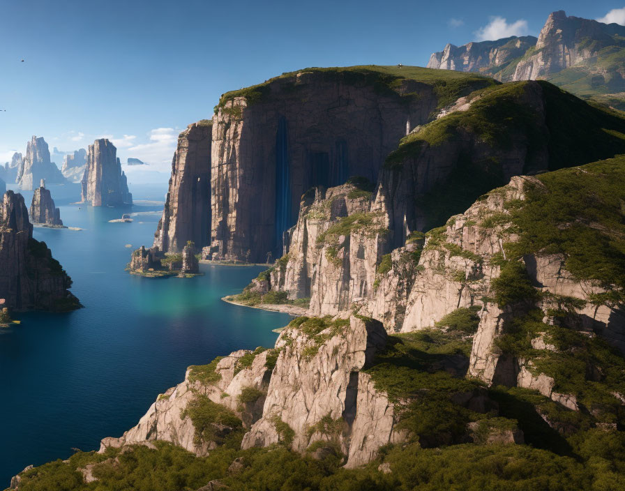 Majestic cliffs overlooking tranquil blue waters with green foliage on rugged landscape