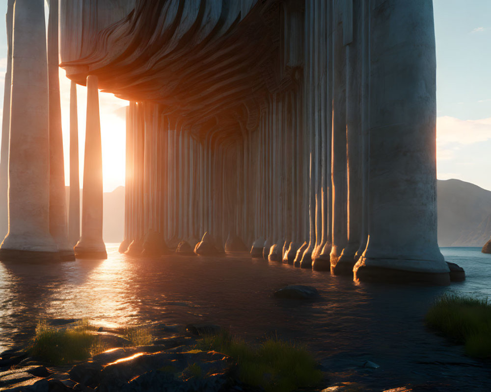 Classical columns in water with sunset rays and mountain backdrop