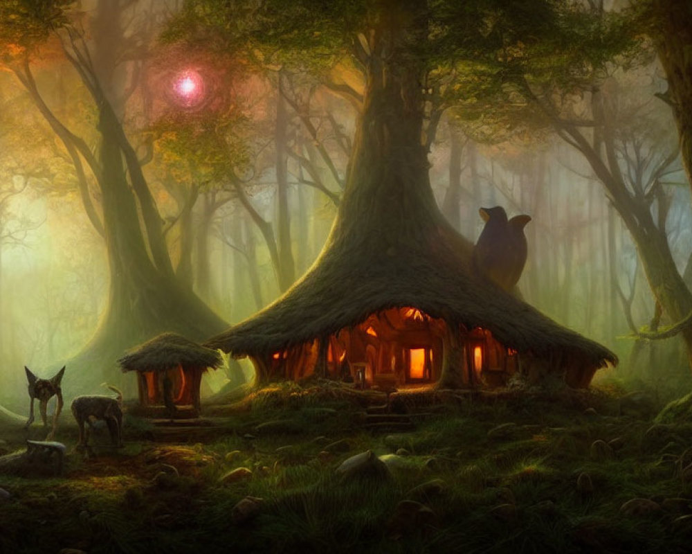 Enchanted forest scene with owl, fox, cottage, and magical orb