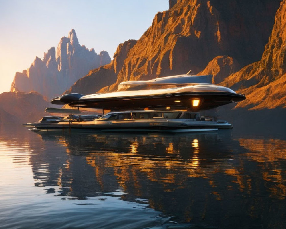 Futuristic yacht at sunrise near rocky cliffs