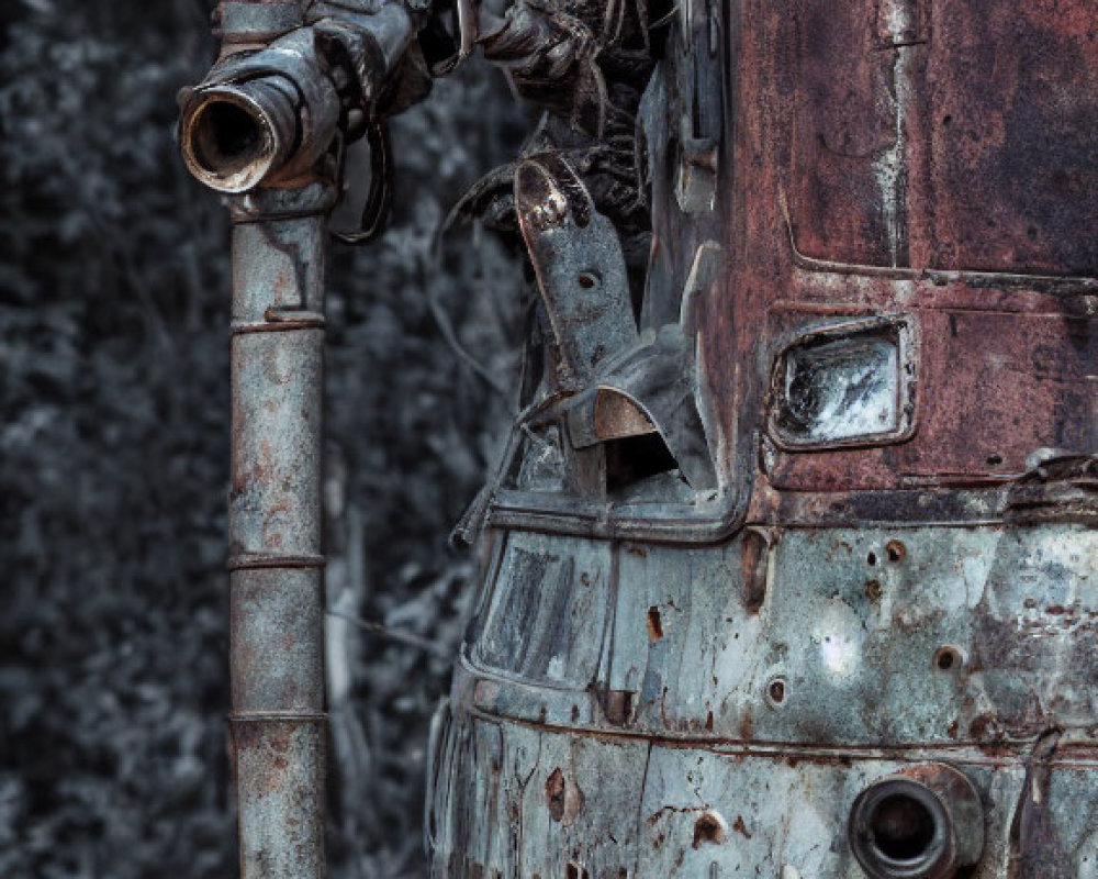 Weathered robot with cylindrical head and camera eyes in rusty truck cabin