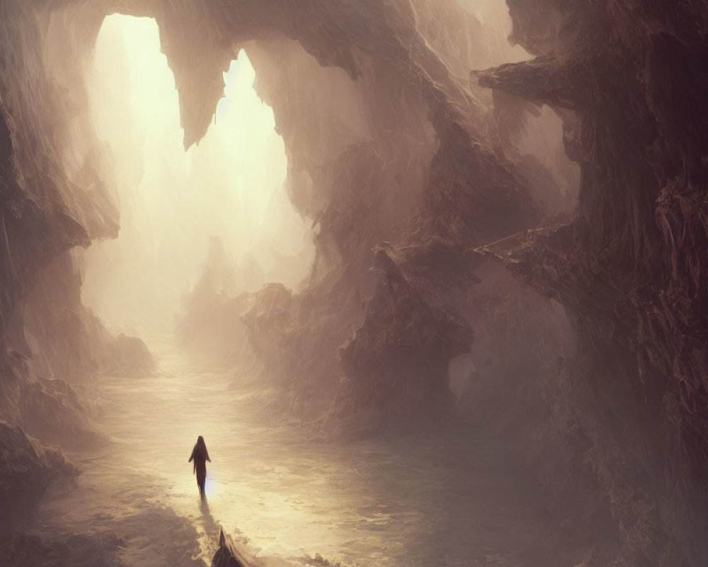 Solitary figure in vast cave with river and ethereal light.