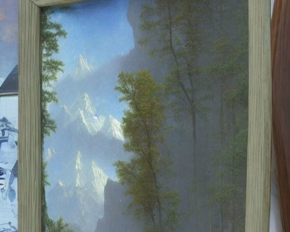 Layered Wooden Frame Artwork: Serene Lake Scene with Cabin, Mountains, and Toy Train