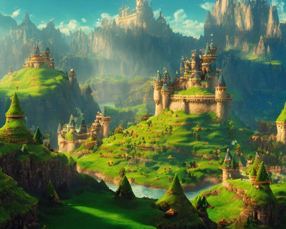 Fantasy landscape with green hills, cliffs, and castles in golden light