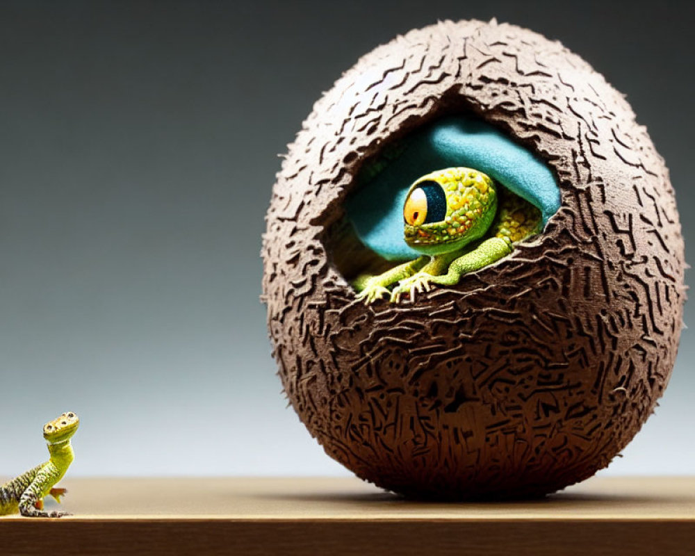 Gecko Toy in Textured Egg with Smaller Gecko on Gradient Background