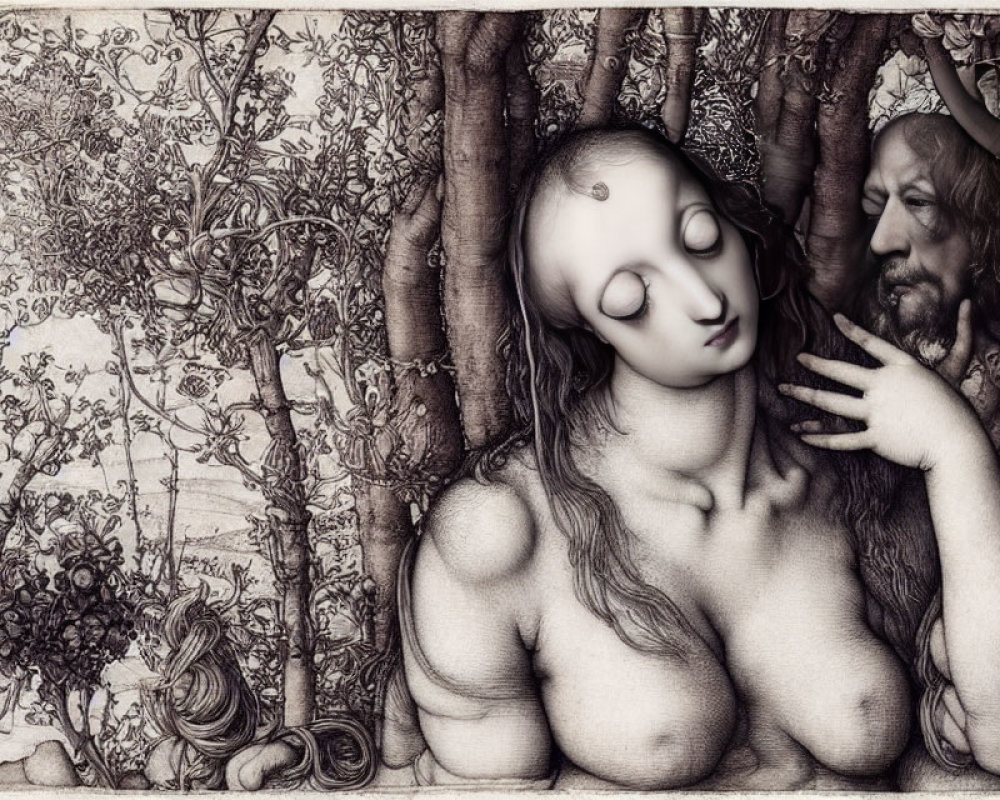 Monochrome surreal artwork of serene woman and man peeking through botanical curtains