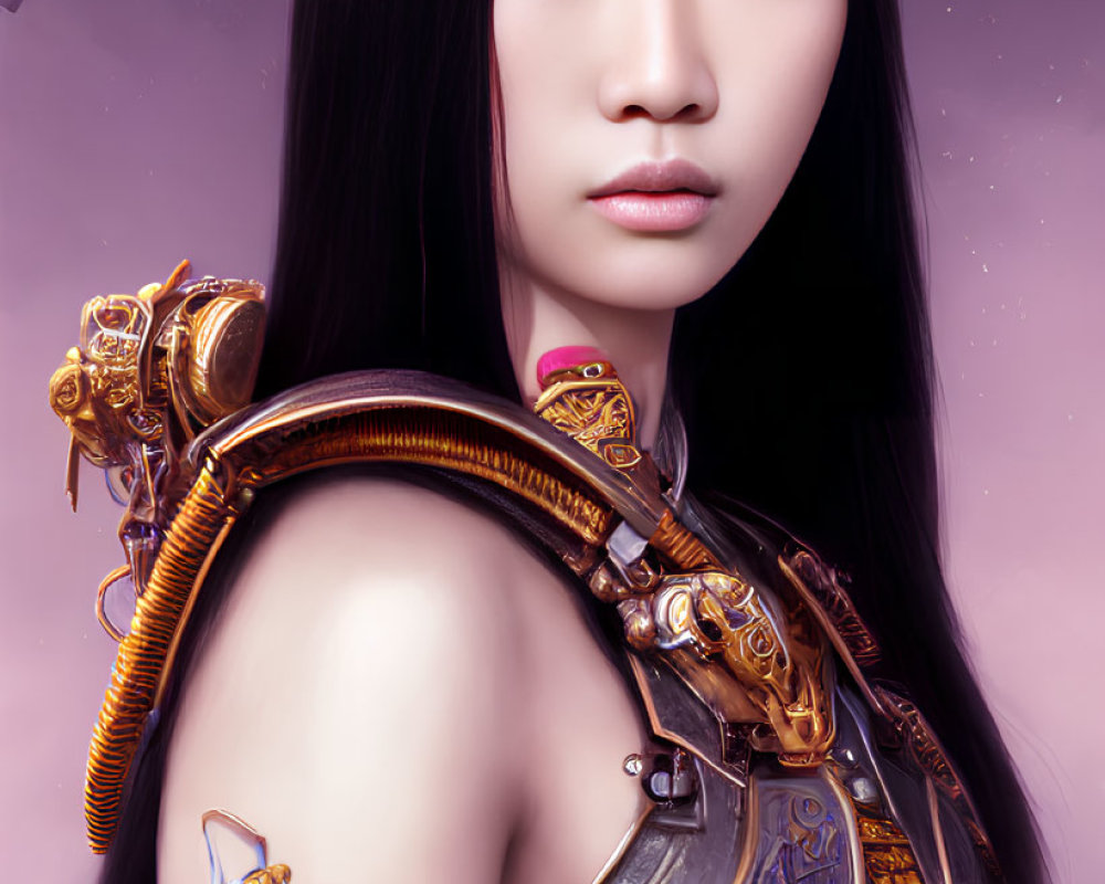Digital artwork: Woman in black hair, golden armor, intricate designs, shoulder pauldron, sword