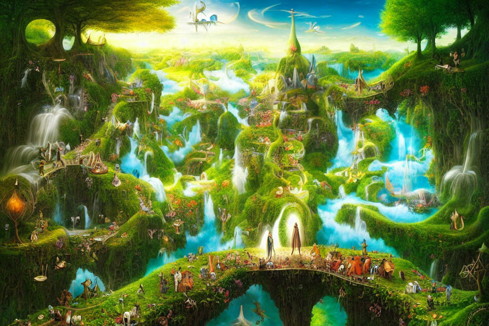 Fantasy landscape with lush greenery, waterfalls, mythical creatures, and magical structures